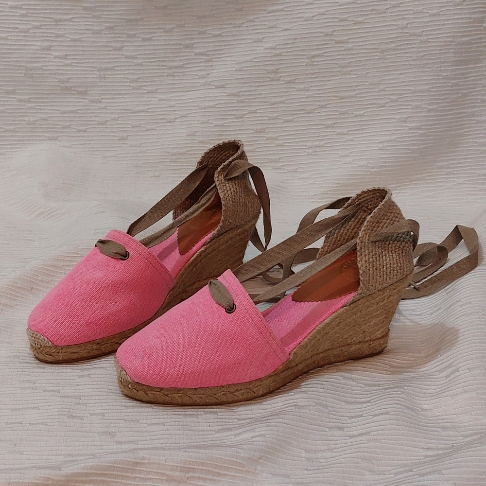 Penelope Chilvers Pink Espadrille Wedge Ankle Tie Sandals Size 40
